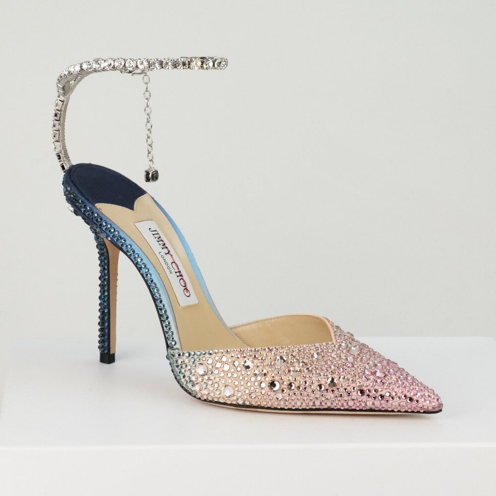 Jimmy Choo Saeda 100 Crystal-Embellished Satin Pumps, Sunrise Mix, EU 38.5/US8.5